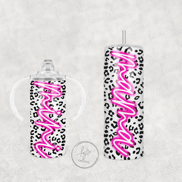 Black & White Leopard Neon Mama + Mini Stainless Steel Tumbler and Sippy Cup Set