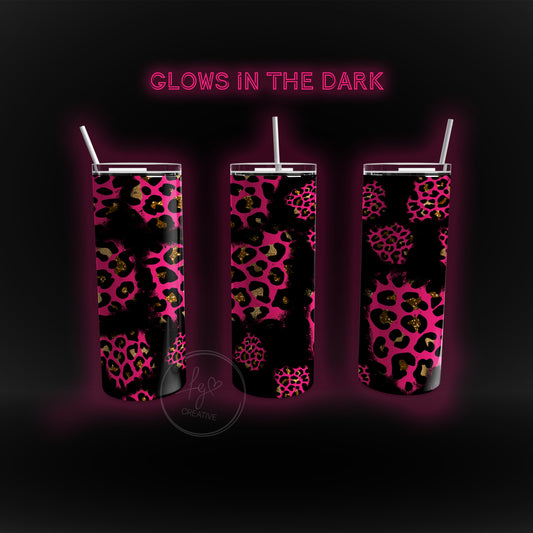 Neon Pink Leopard Glow in the Dark Stainless Steel Tumbler